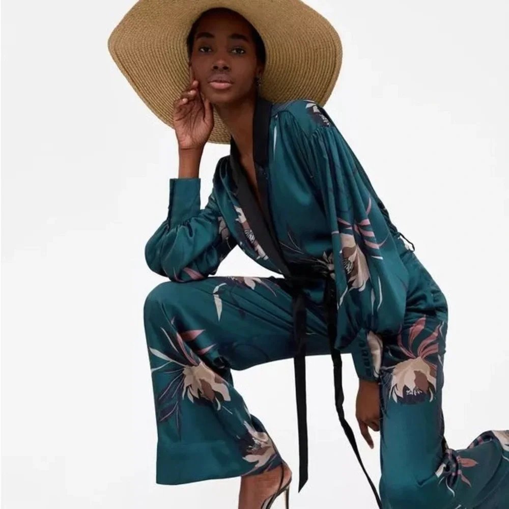Zara Floral Matching Set Blazer Kimono Jacket Palazzo Wide Leg Pants